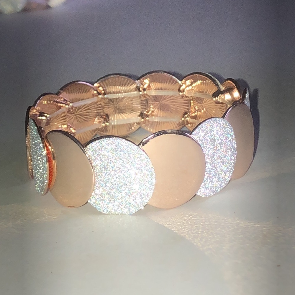Rose Gold Tone and Silver Tone Glitter Disc Stretch Bracelet